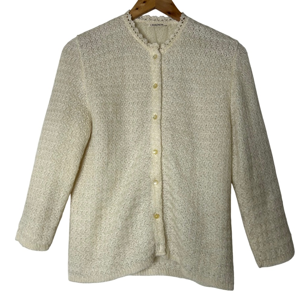 I. Magnin & Co. Cardigan Size M Cream Crochet Knit with Lace Trim Detail Vintage